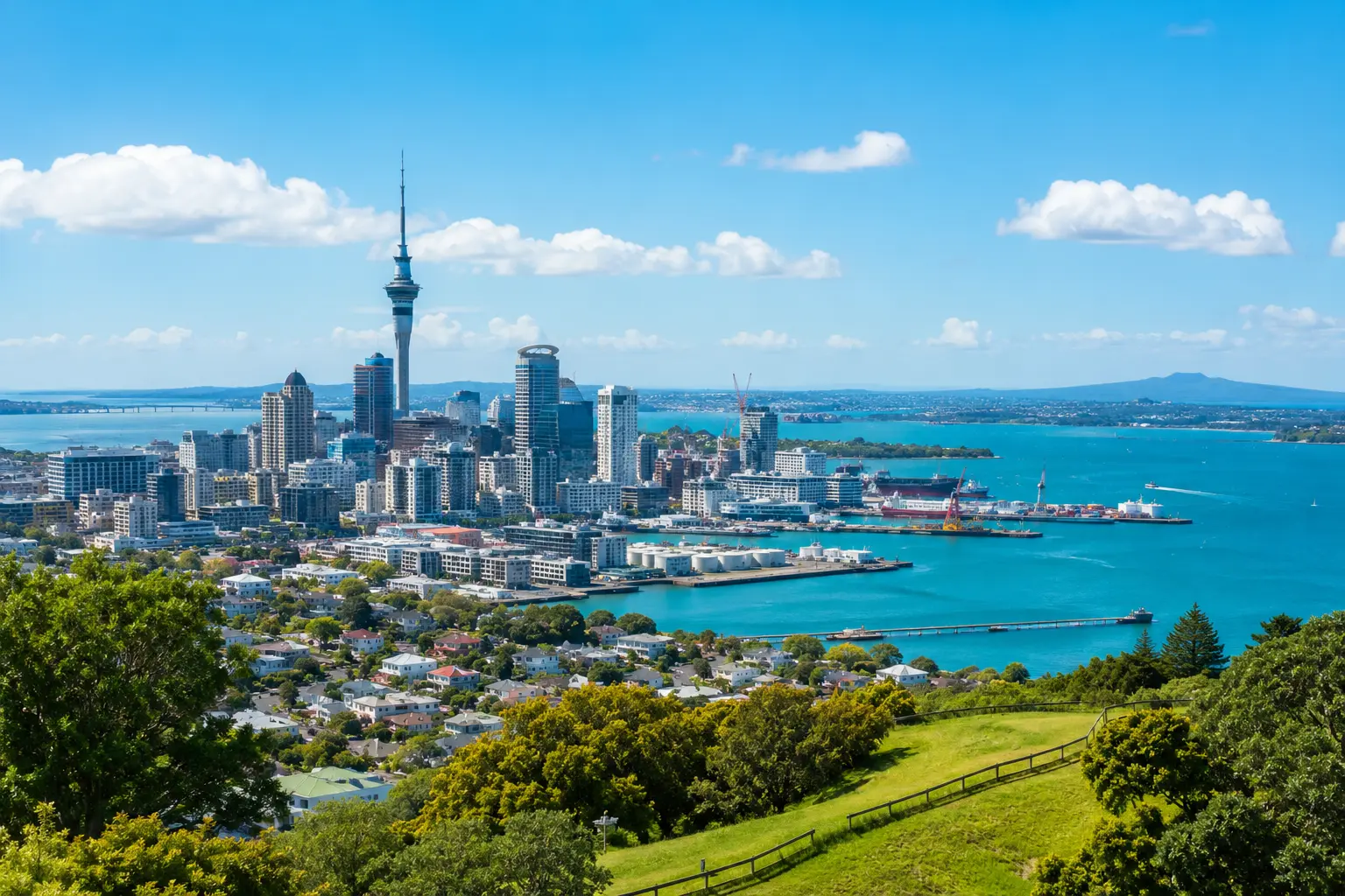 Study in New Zealand - Auckland skyline with harbour and green hills